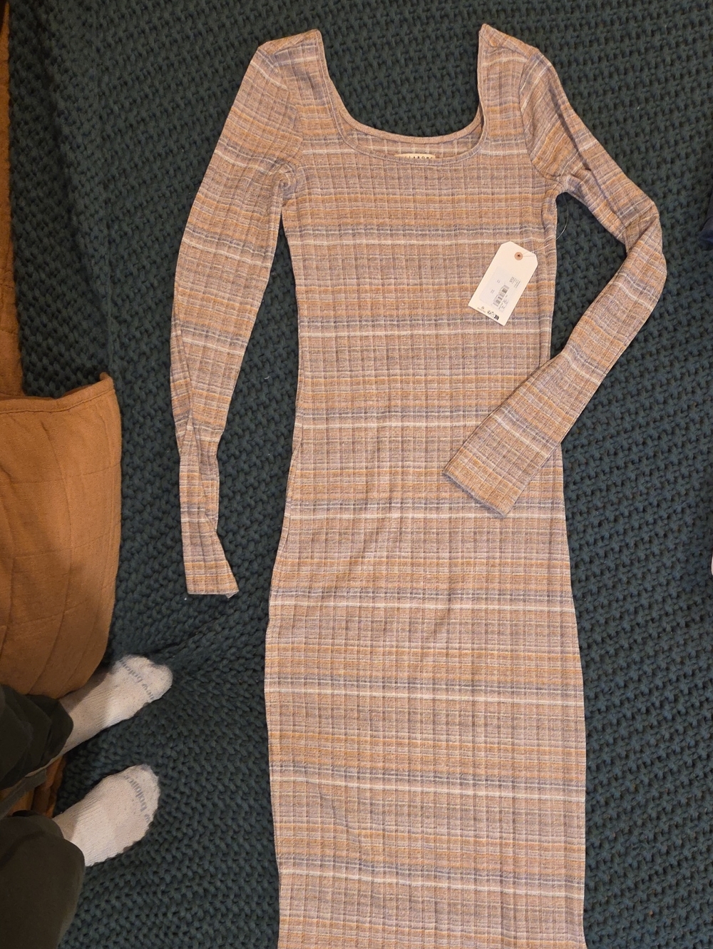 Billabong Tan & Light Blue Ribbed Long Sleeve Bodycon Dress
